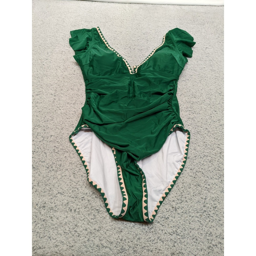 Aidonger Medium Emerald Green One Piece Swimsuit Ruffle Sleeve Scallop Trim NWT